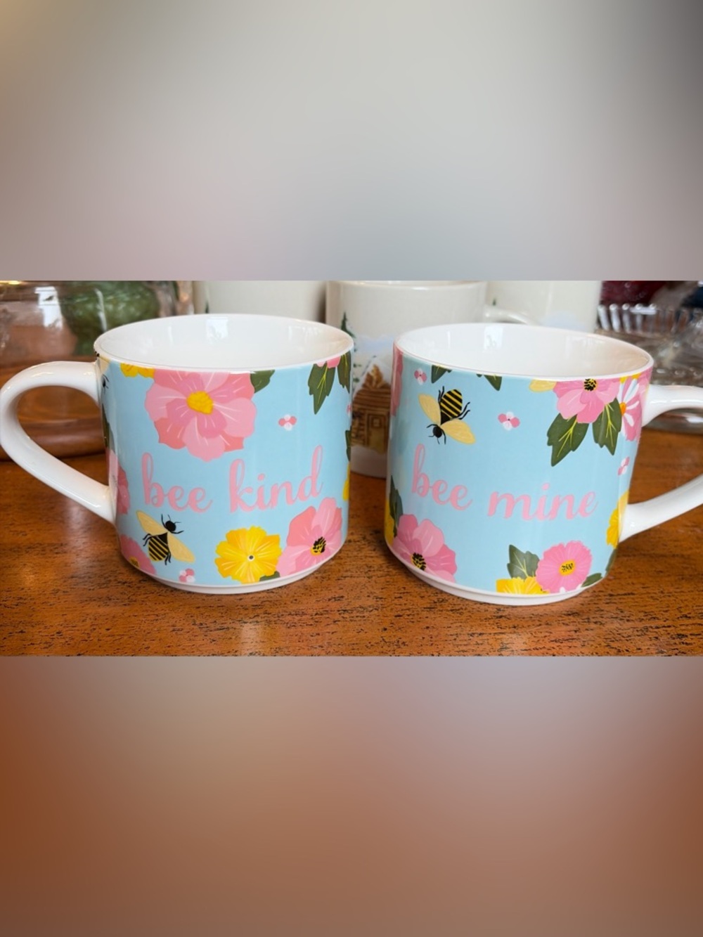Bee Kind / Bee Mine Lola & Coco NWT Floral Blue Ceramic Mug Set
